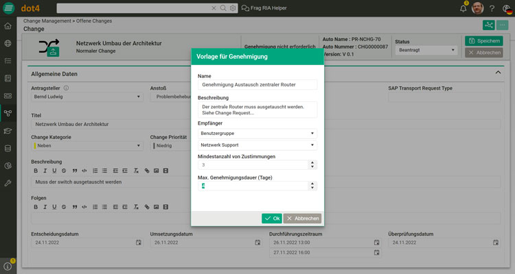 Einstellungen von Changes in der Change Management Software