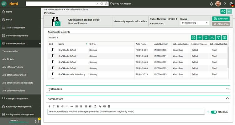 Übersicht angehängter Incidents im Problem Management System